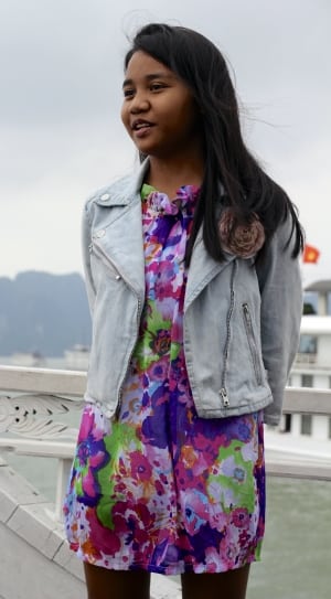 girl's gray zip jacket and purple pink and green floral drss thumbnail