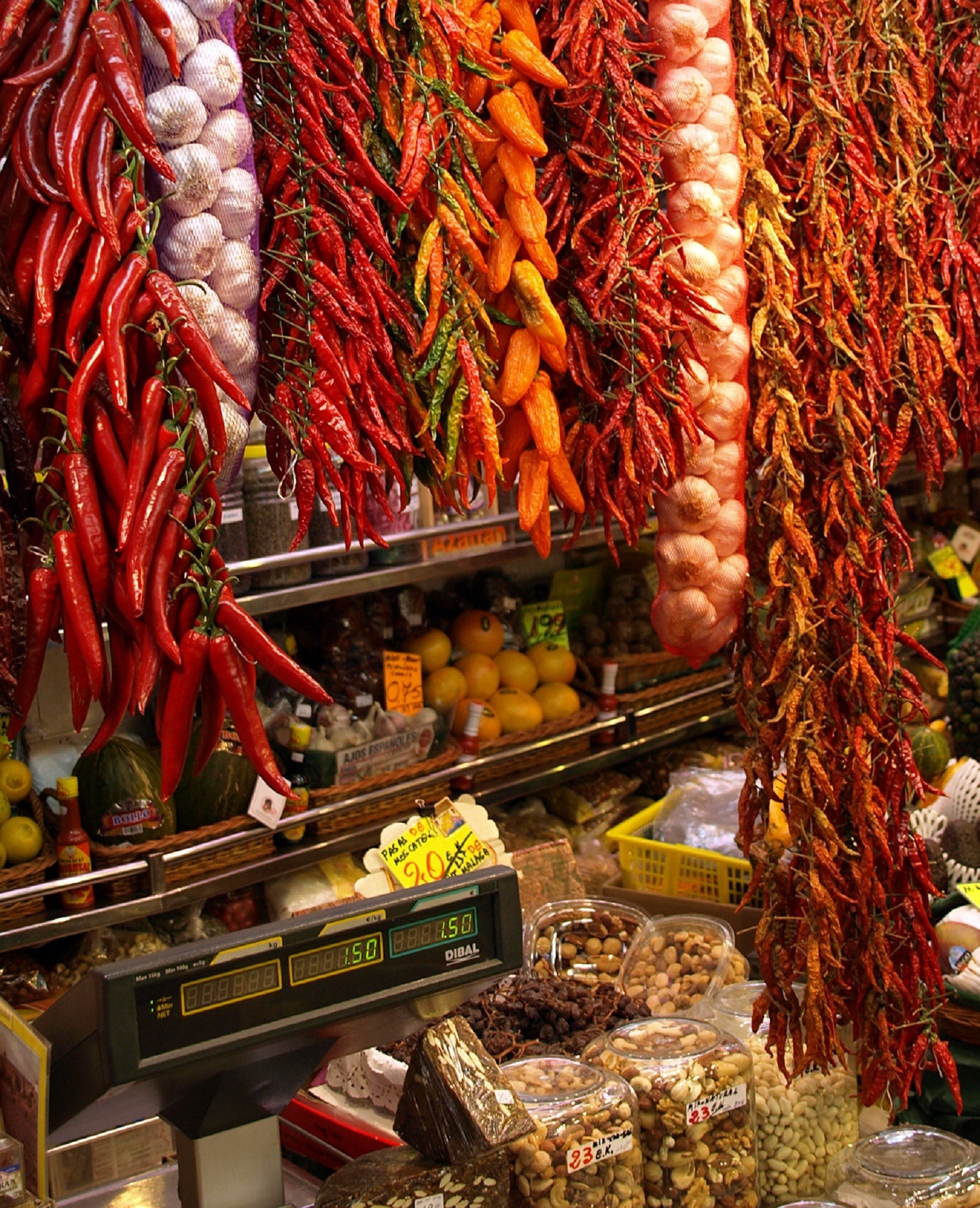 hanging dried chilis, garlic, onion and peppers