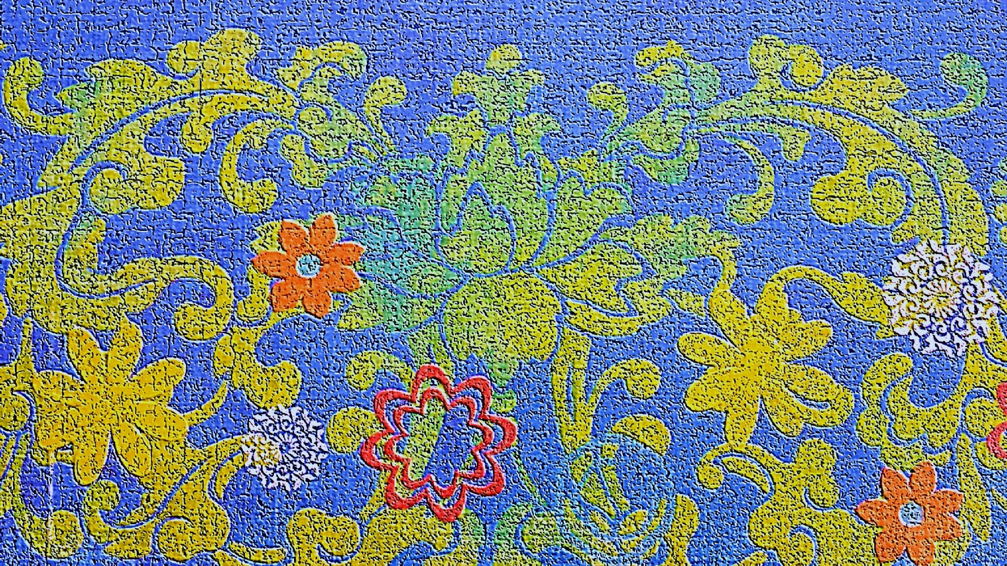 blue orange and green floral textile