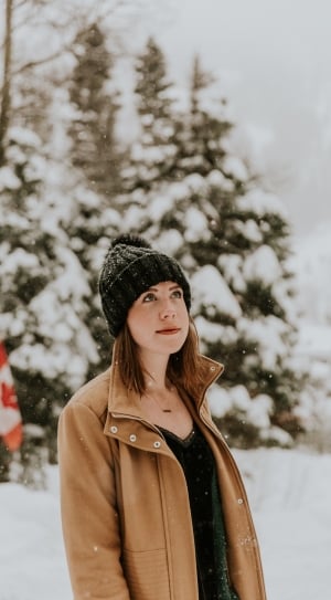 woman wearing brown coat and knit cap thumbnail
