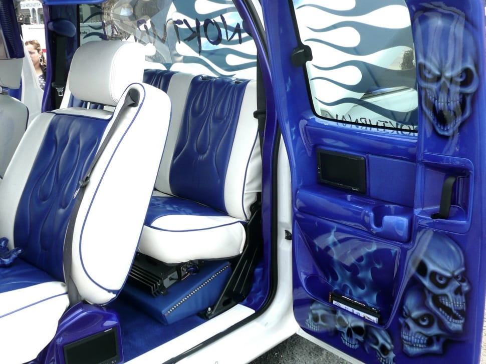 blue and white auto bench seat and bucket seat preview