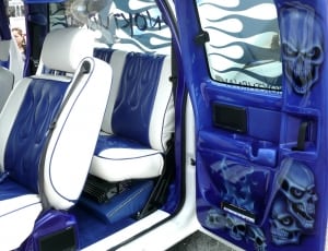blue and white auto bench seat and bucket seat thumbnail