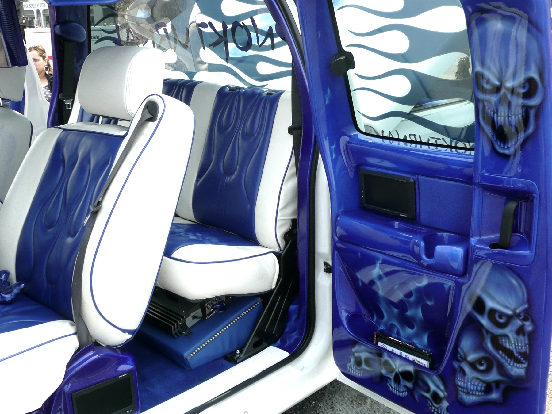 blue and white auto bench seat and bucket seat