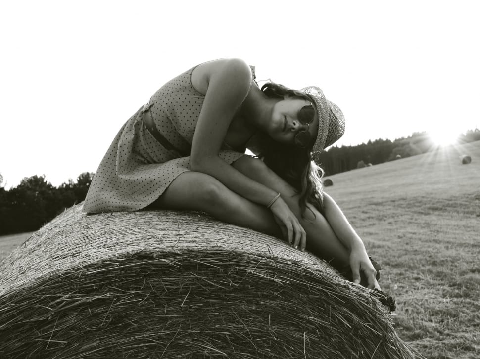 greyscale photo of woman wearing dress sitting on roll hay preview