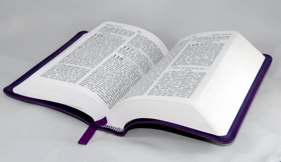 opened Bible with black leather case and purple ribbon bookmark preview