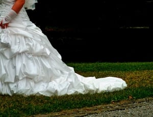 women's white satin ruffle wedding gown thumbnail