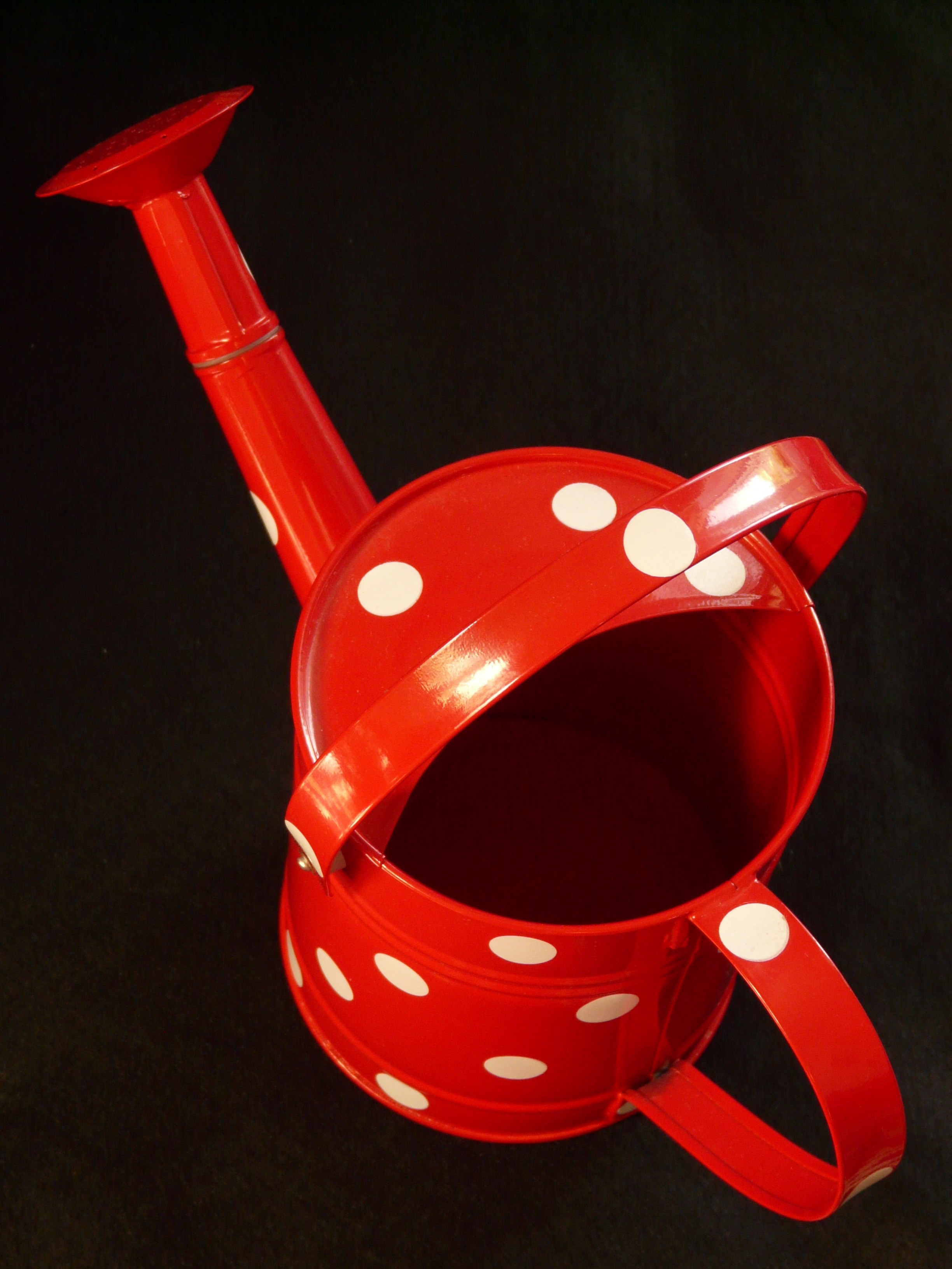 red and white polka dot watering can