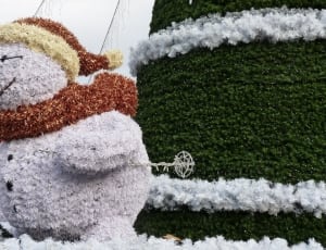 snowman figure beside tree during daytime thumbnail