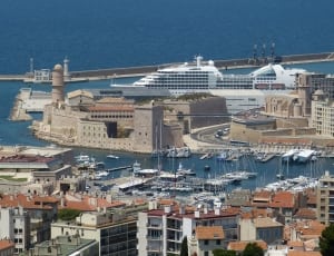 white cruise ship and city buildings thumbnail