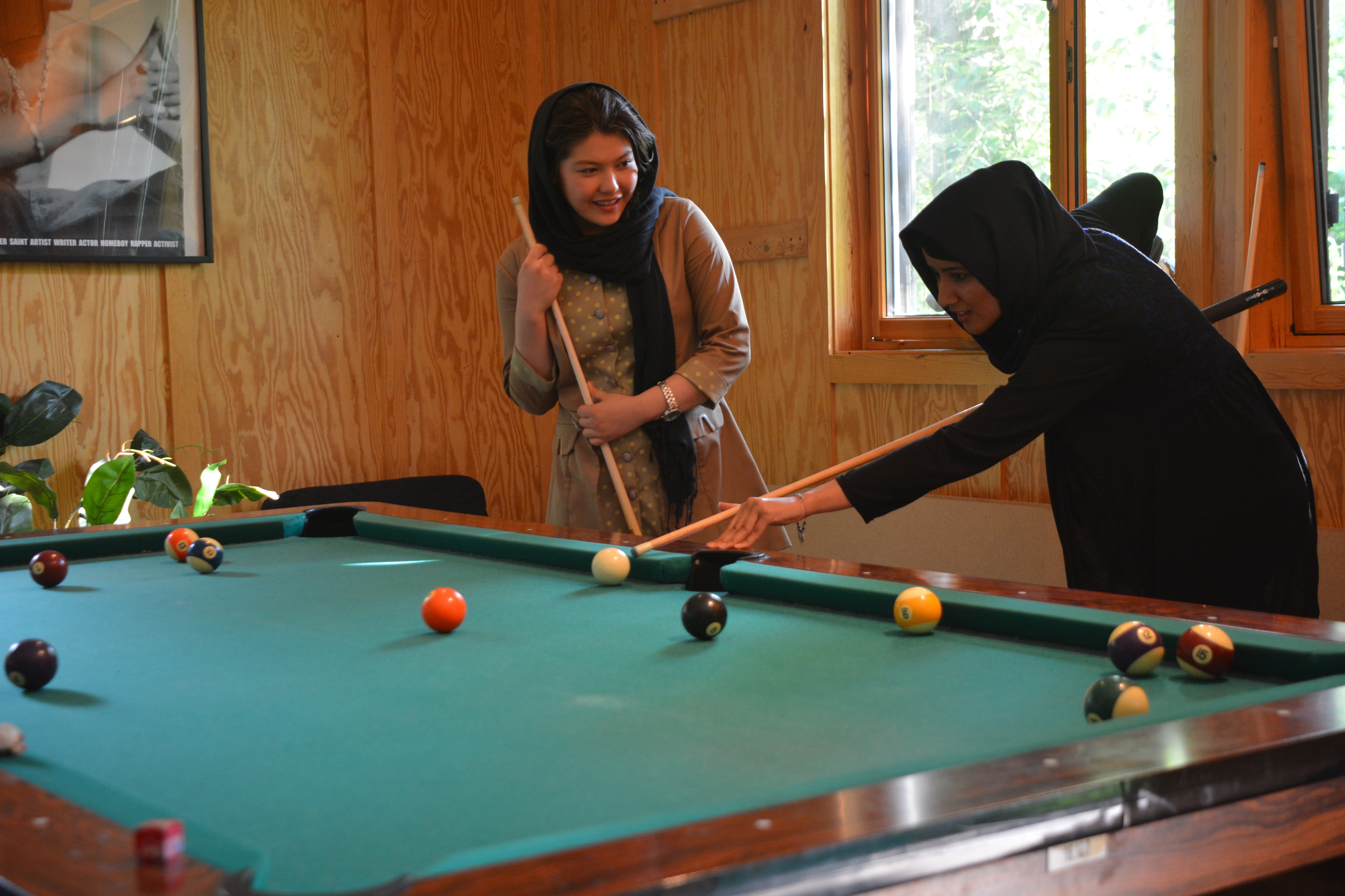 brown and green billiard set with women's black hijab