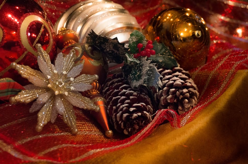 2 brown pine cones and gold silver flower ornaments preview