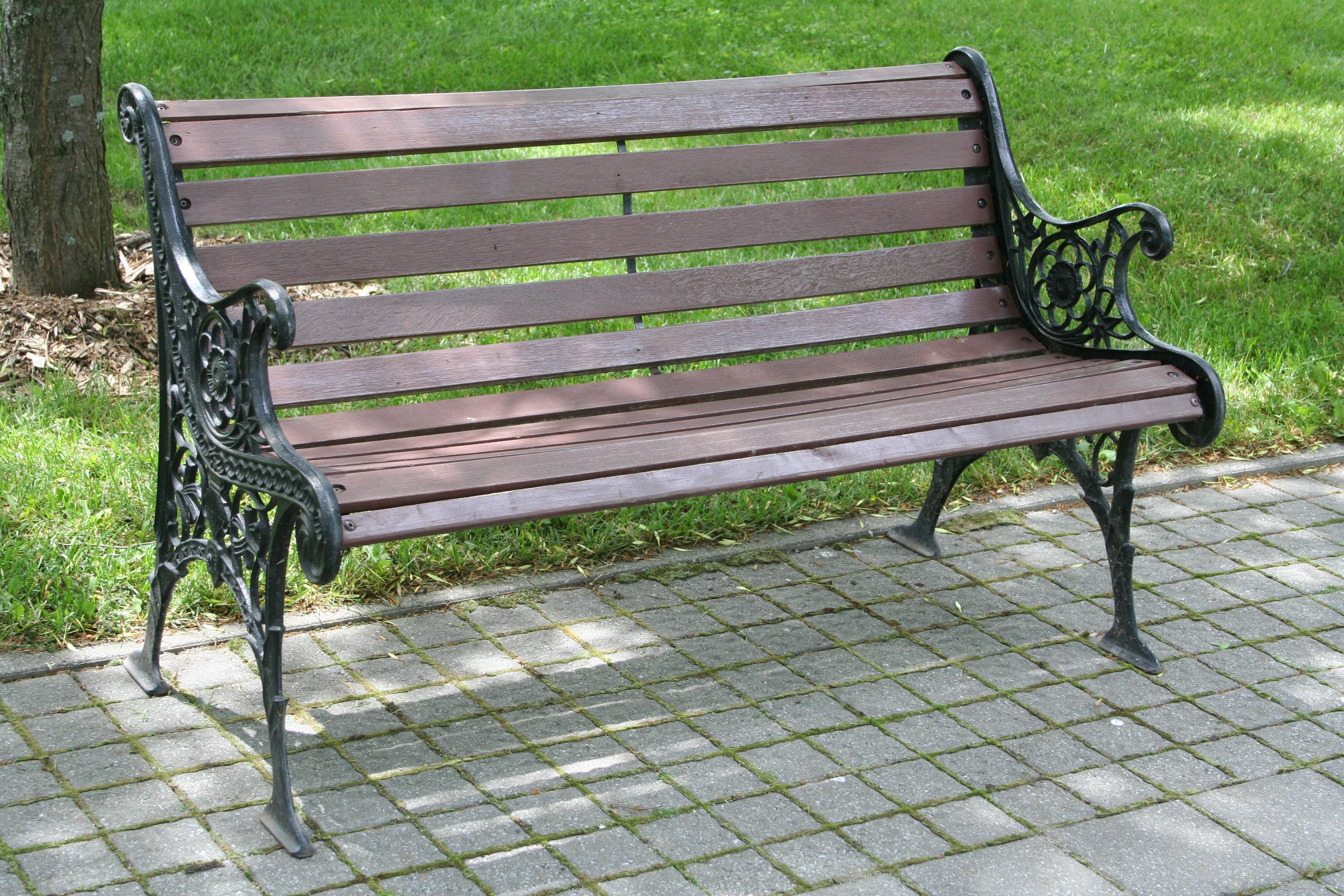 black metal framed and brown wooden park bench
