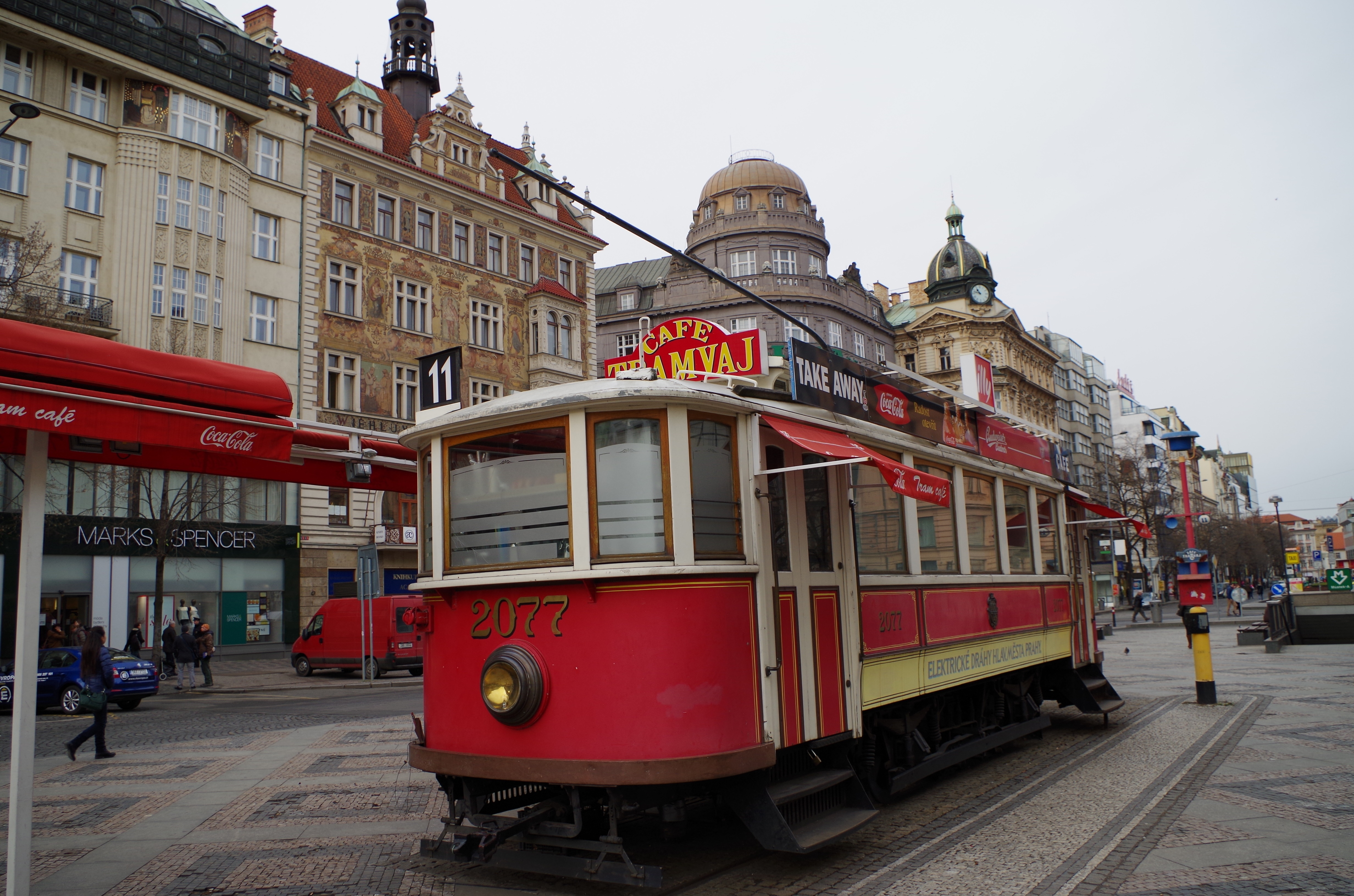 red and white tram