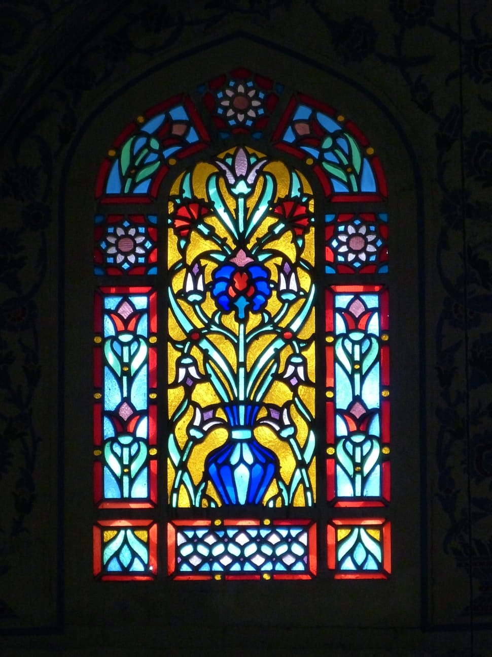 white red yellow and blue floral stained glass preview