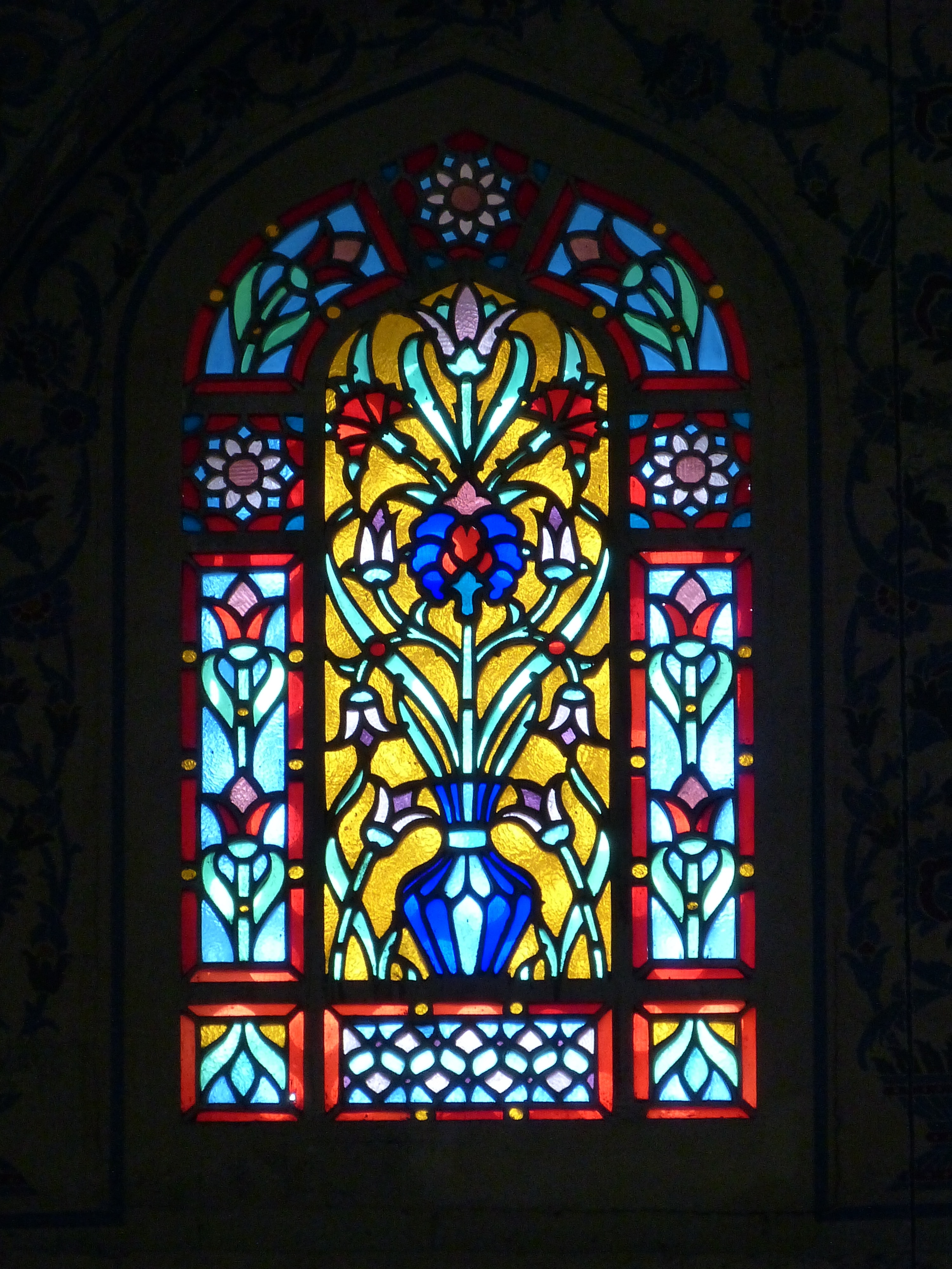 white red yellow and blue floral stained glass