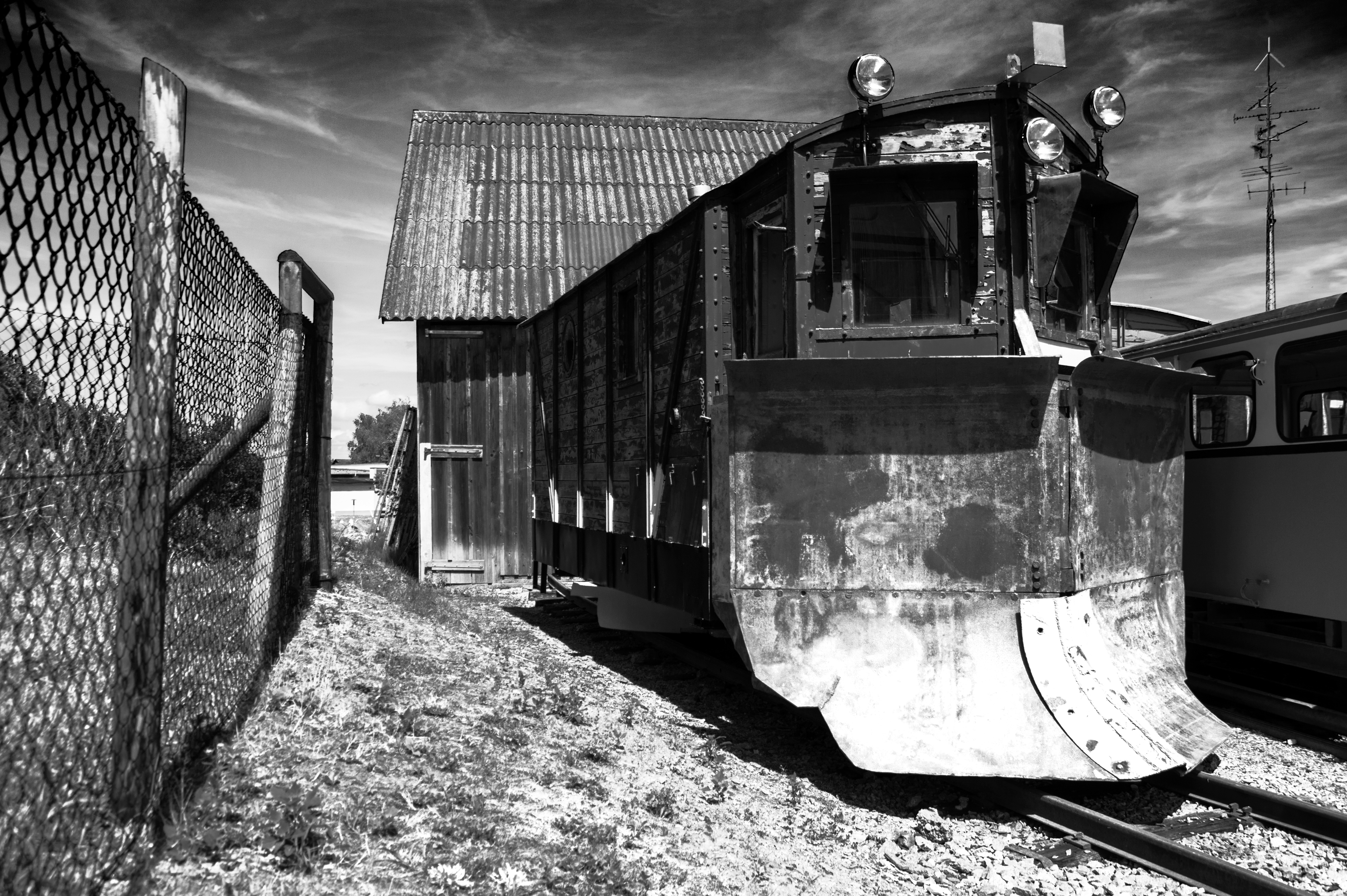 grayscale photograph of train car