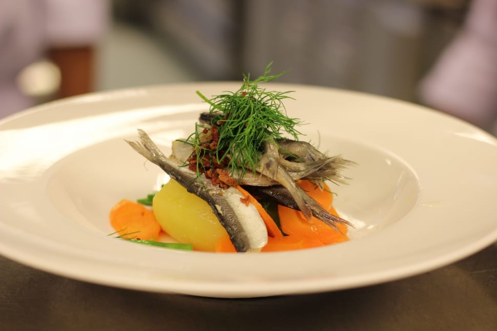 fish with green herbs in ceramic plate preview