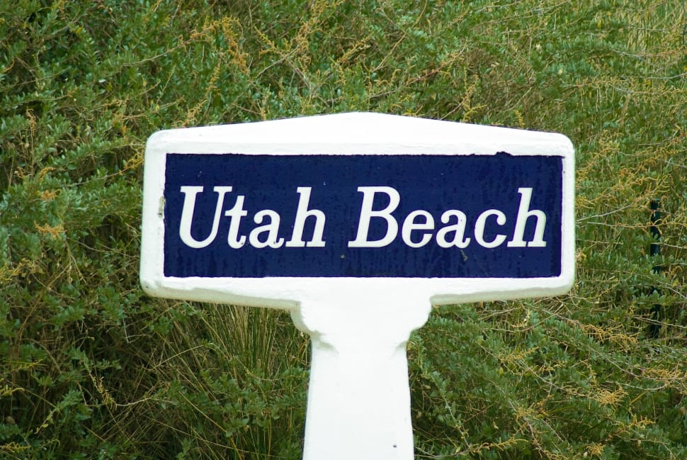 white and blue utah beach signage preview