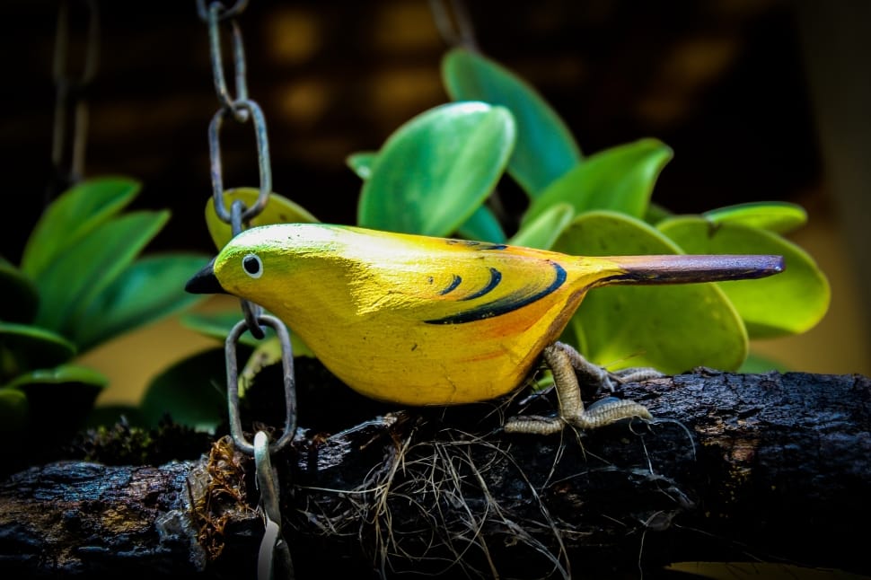 yellow and black wooden bird figurine preview