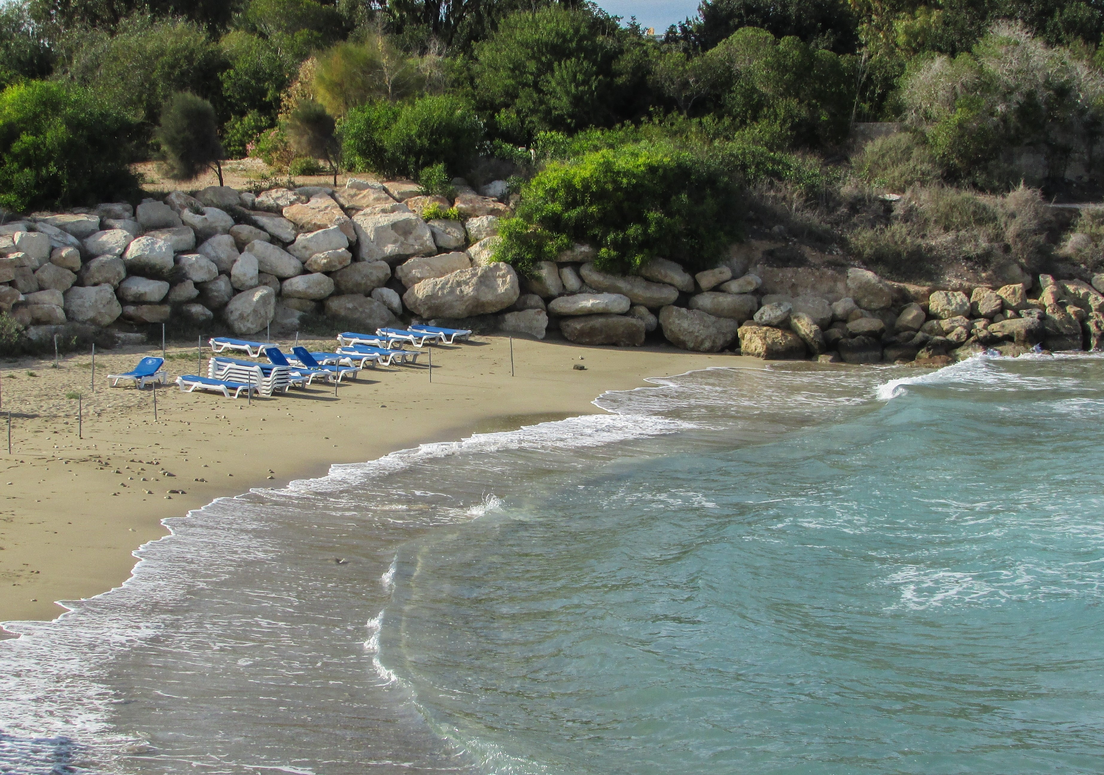 blue and white lounge chairs on seashore