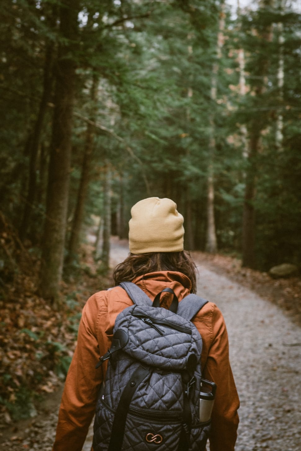 woman wearing brown jacket carrying a backpack walking at the forest preview