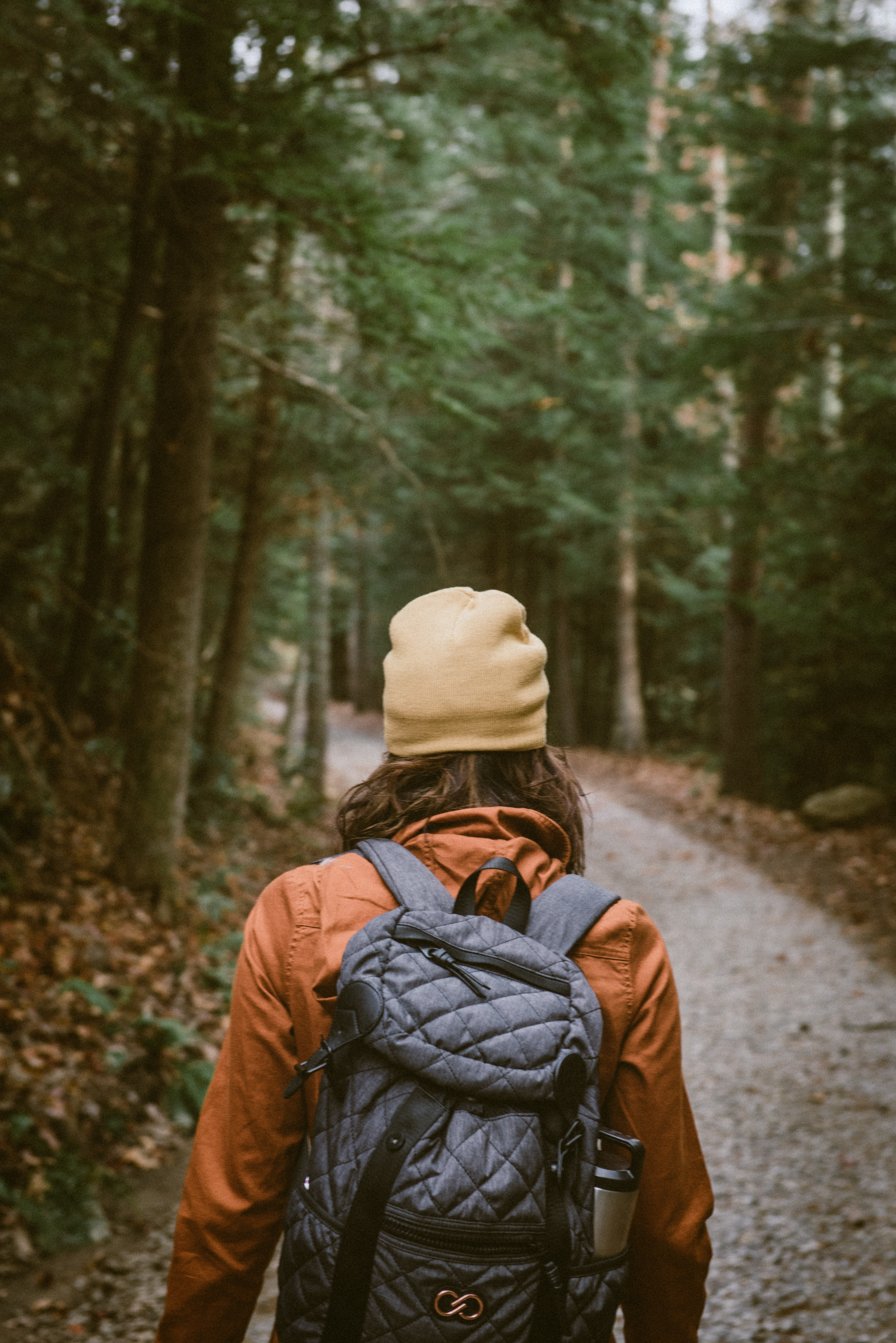 woman wearing brown jacket carrying a backpack walking at the forest