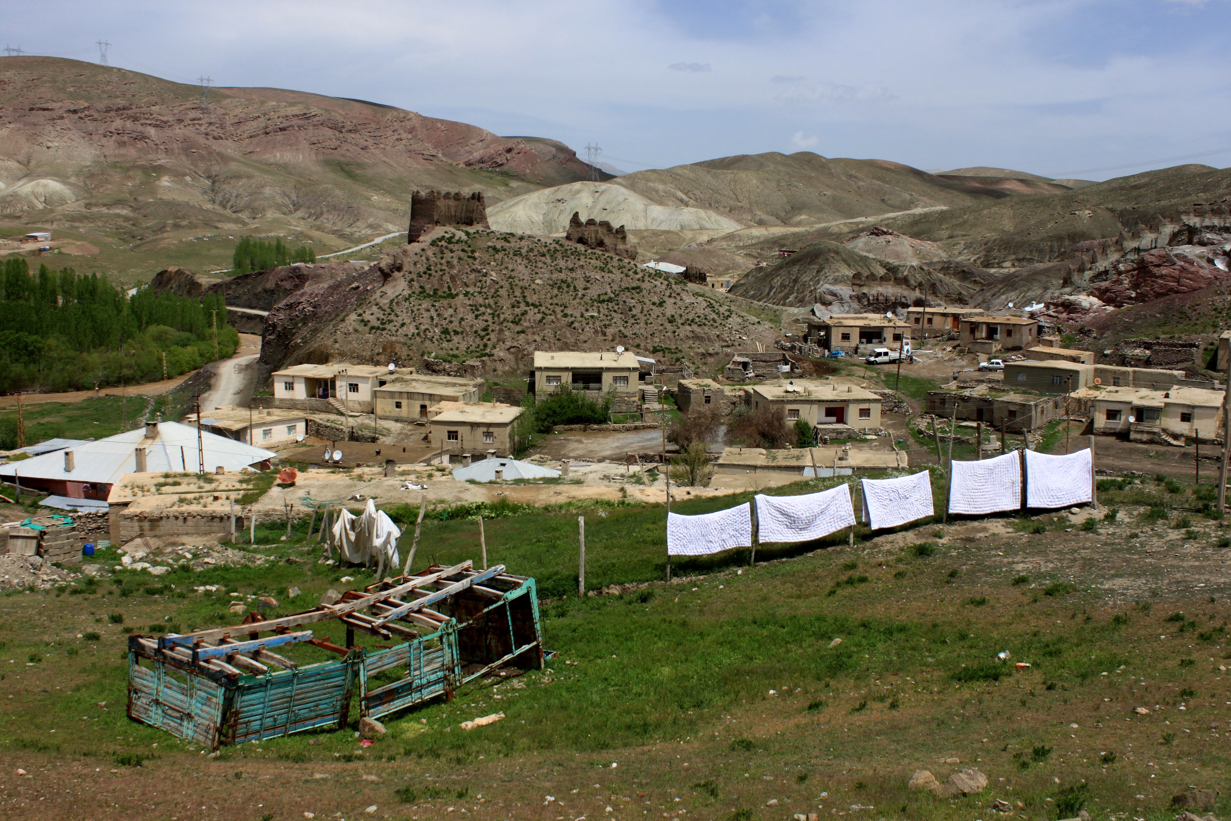white textiles, green grasses and houses