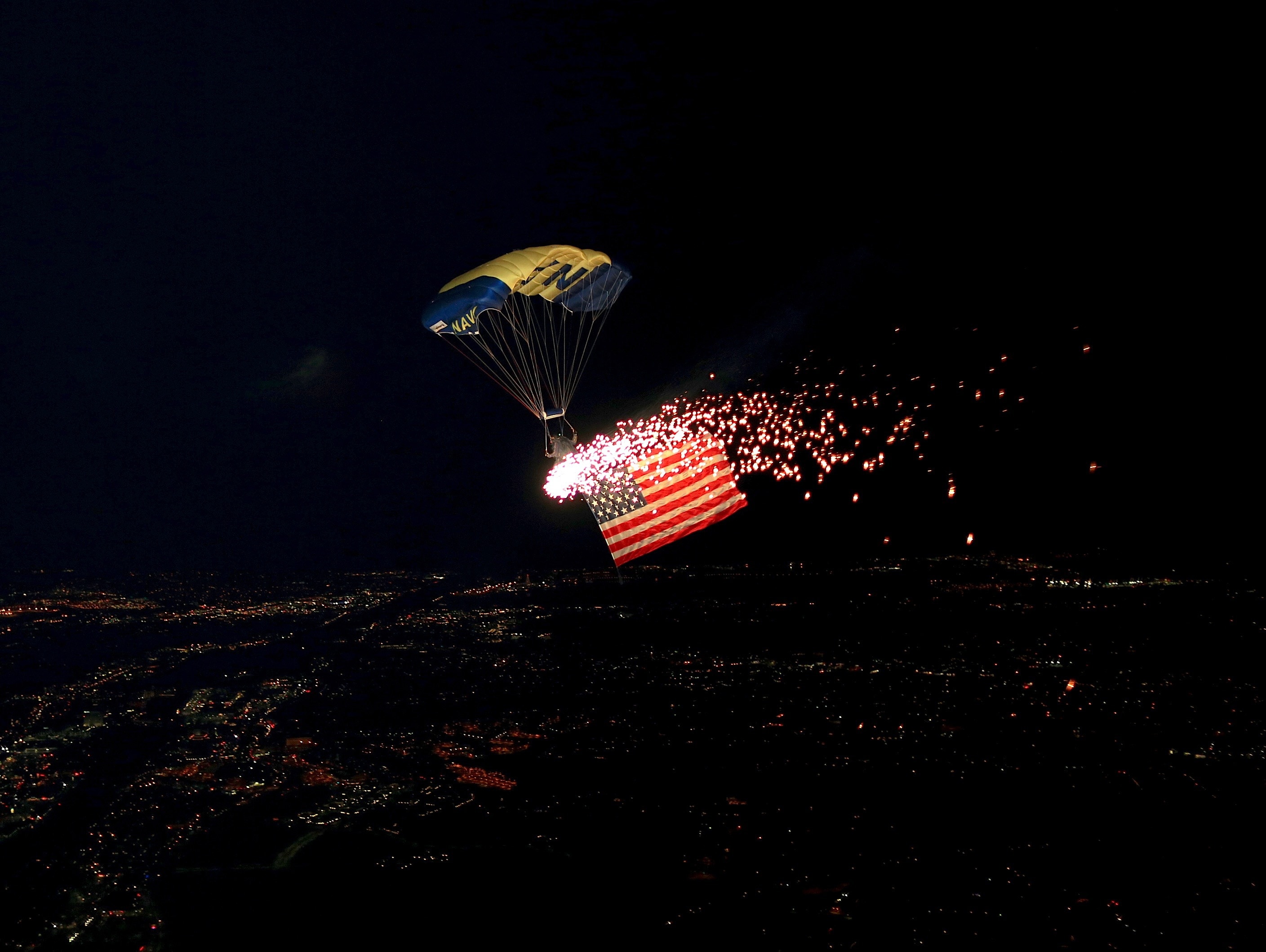 u.s.a flag and blue and yellow parachute