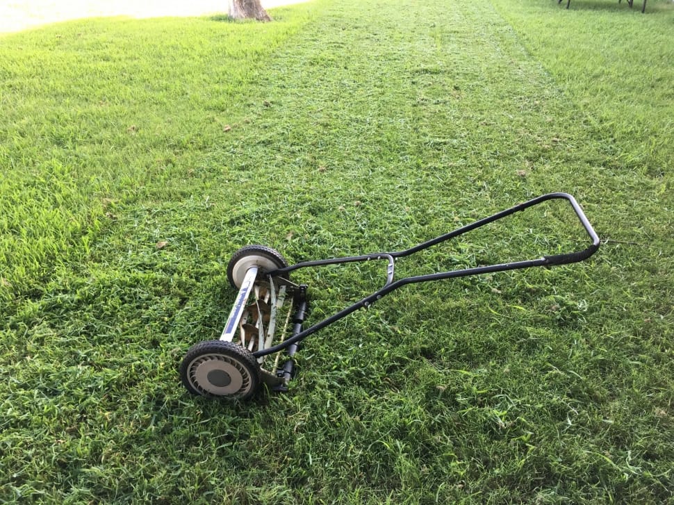 black and green push reel mower preview