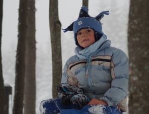 boy's blue snow coat and hat thumbnail
