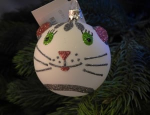 silver pink and green sequined white round cat face bauble thumbnail