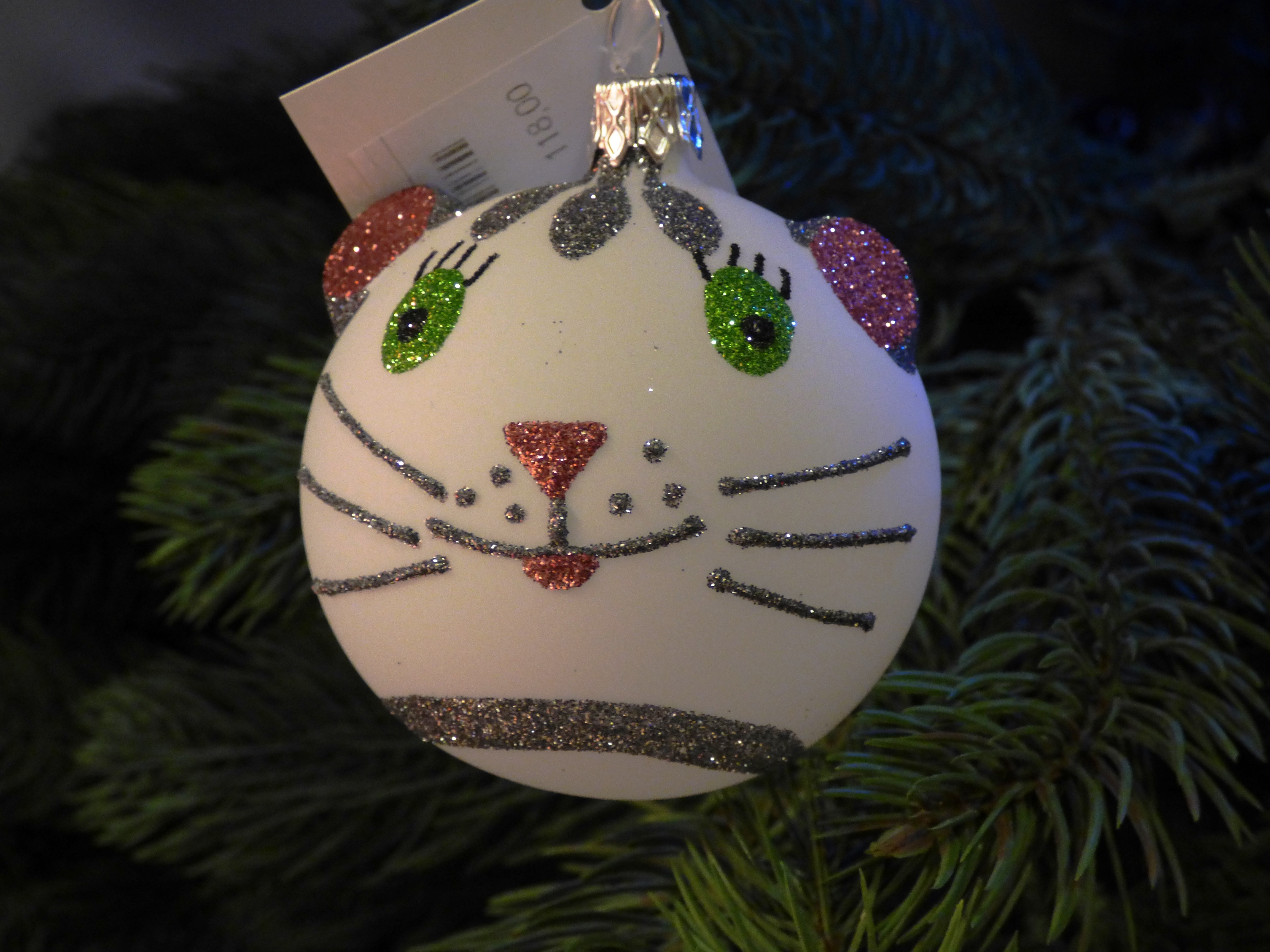 silver pink and green sequined white round cat face bauble