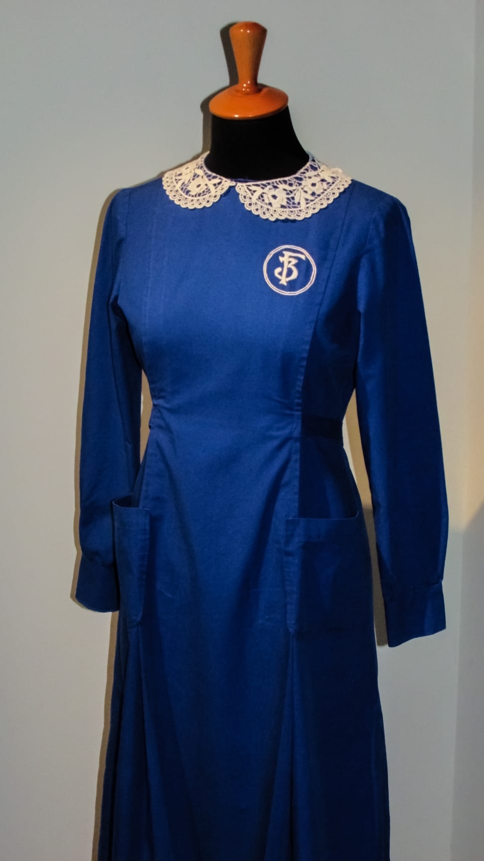 navy satin long sleeve dress with white lace collar preview