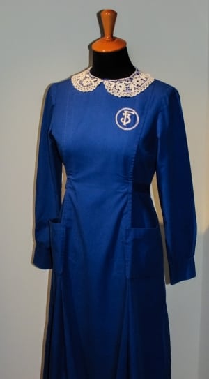 navy satin long sleeve dress with white lace collar thumbnail
