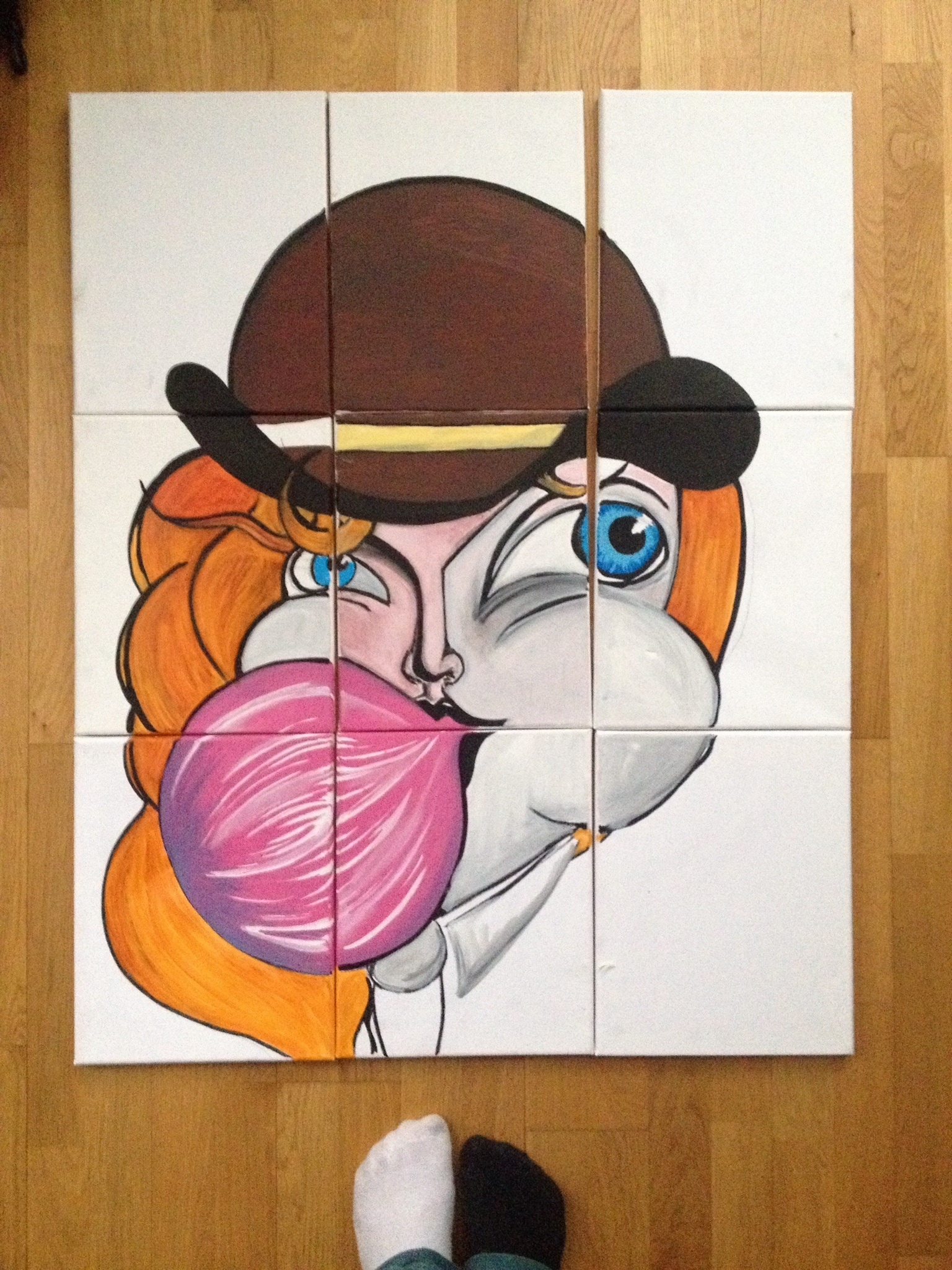 woman with brown hat chewing bubble gum artwork