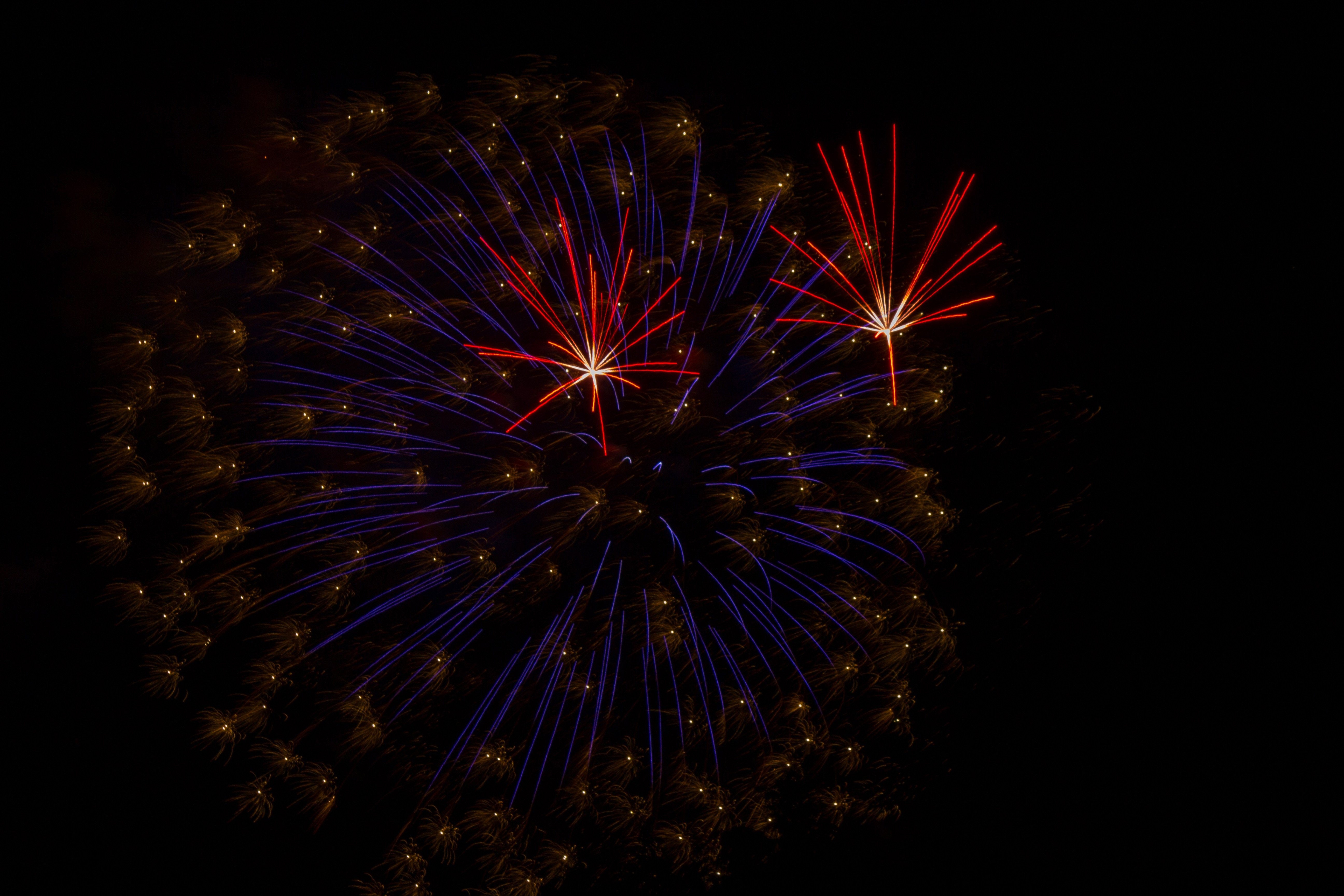 blue red and yellow fireworks
