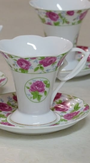 green white and purple scallop ceramic teacup with saucer thumbnail