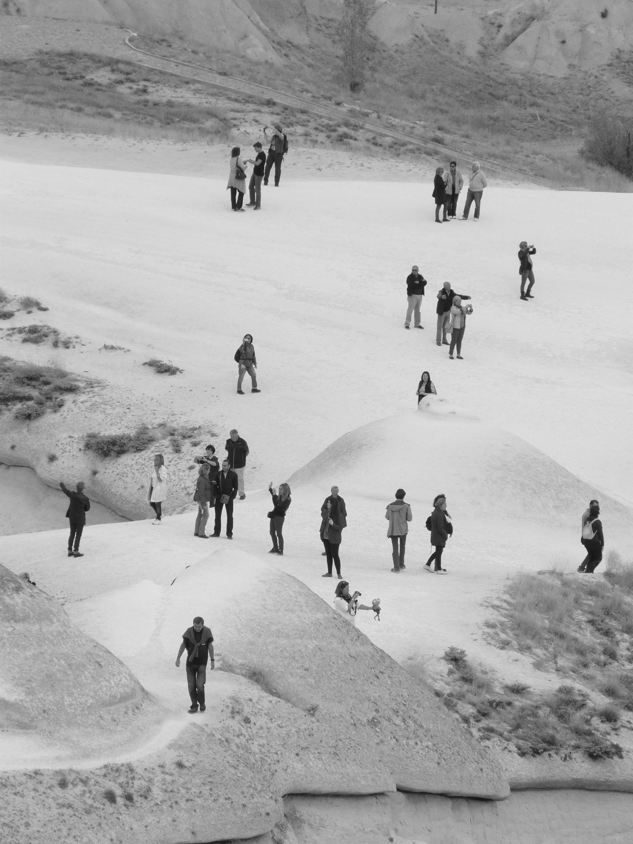 greyscale photo of people on snow field