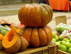 pumpkins vegetable on top on yellow plastic crate thumbnail
