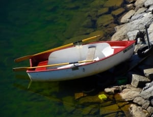 white and red wooden boat with 2 paddles thumbnail