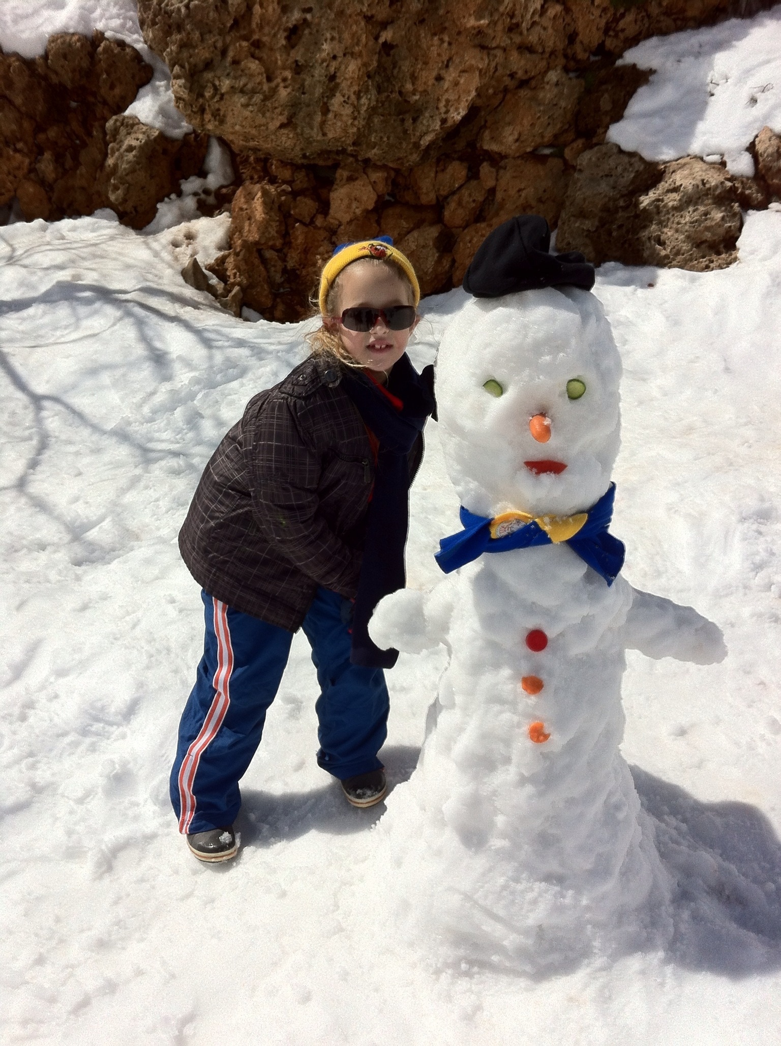 snowman with blue and yellow bandana