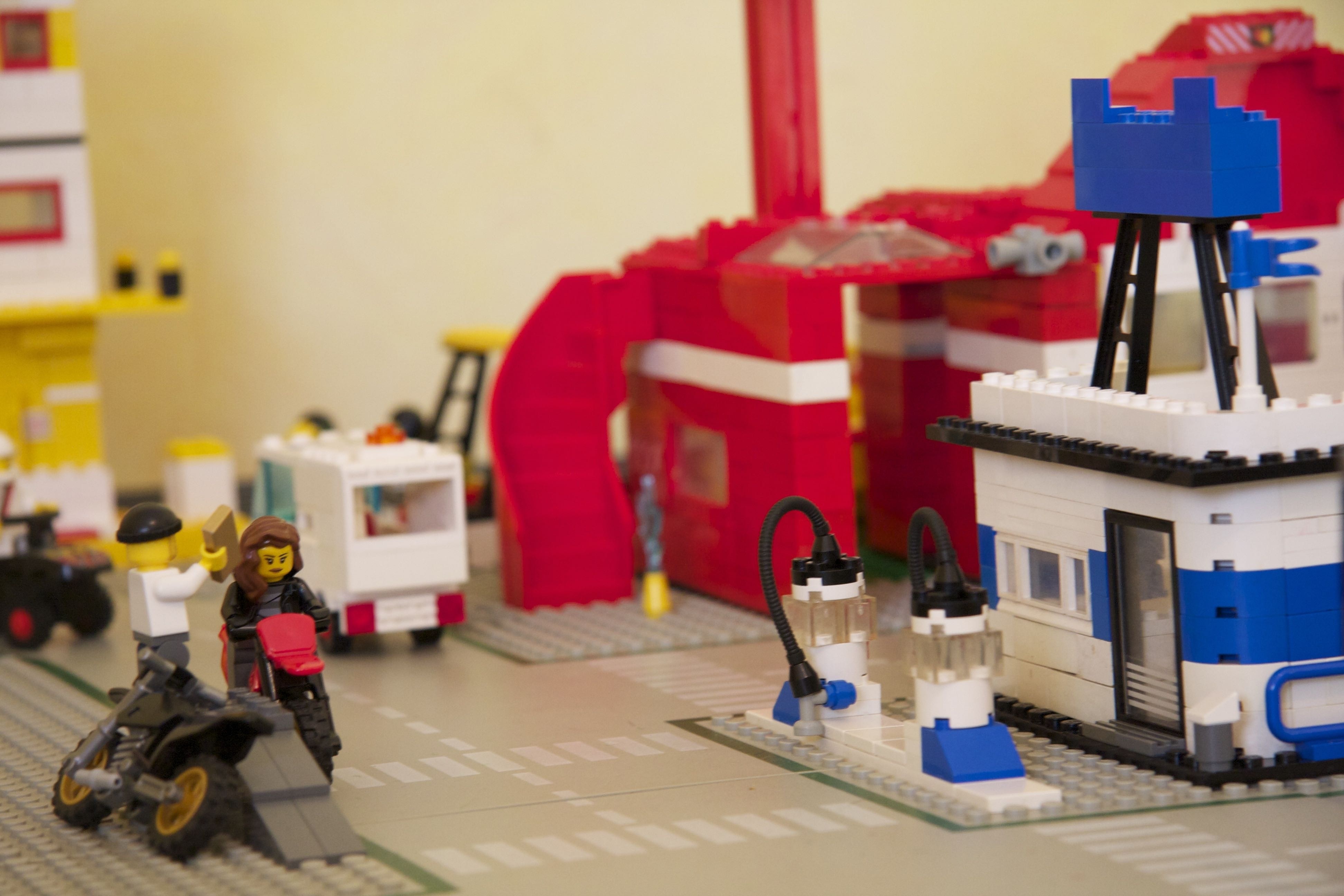white red and blue city lego play set