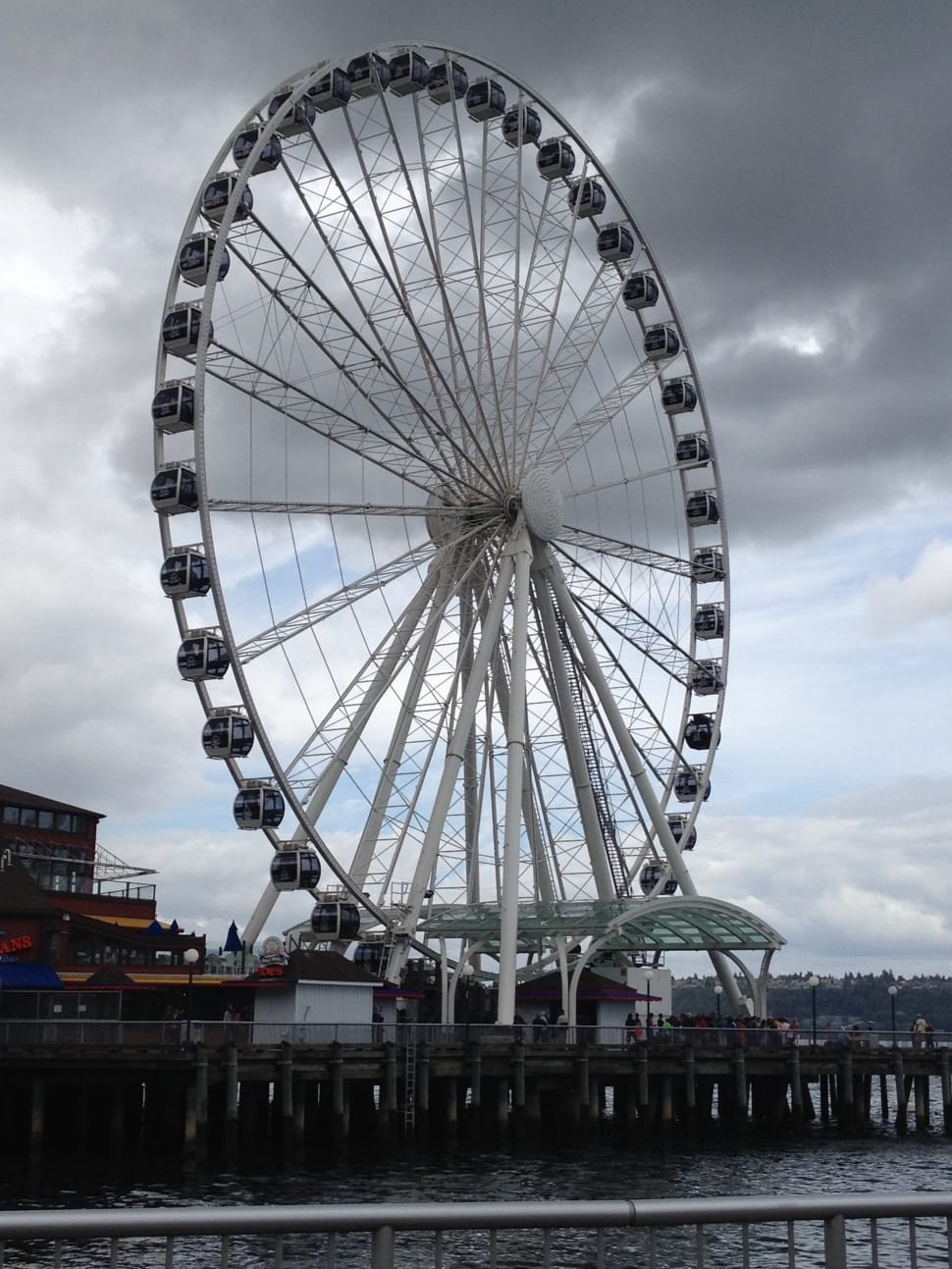 white ferris wheel near body of water under grey clouds during daytime preview
