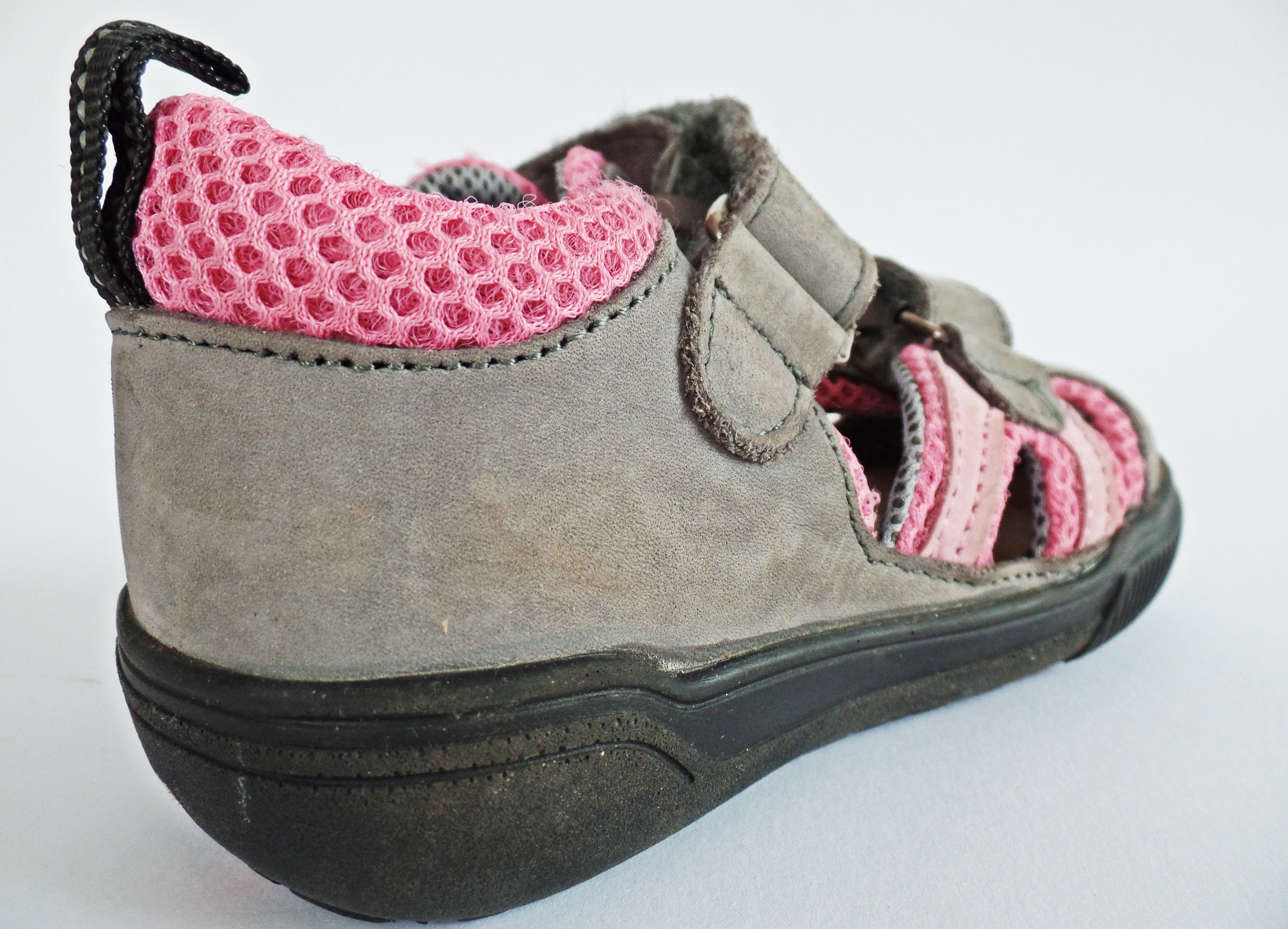 pink and grey suede velcro trek sandals