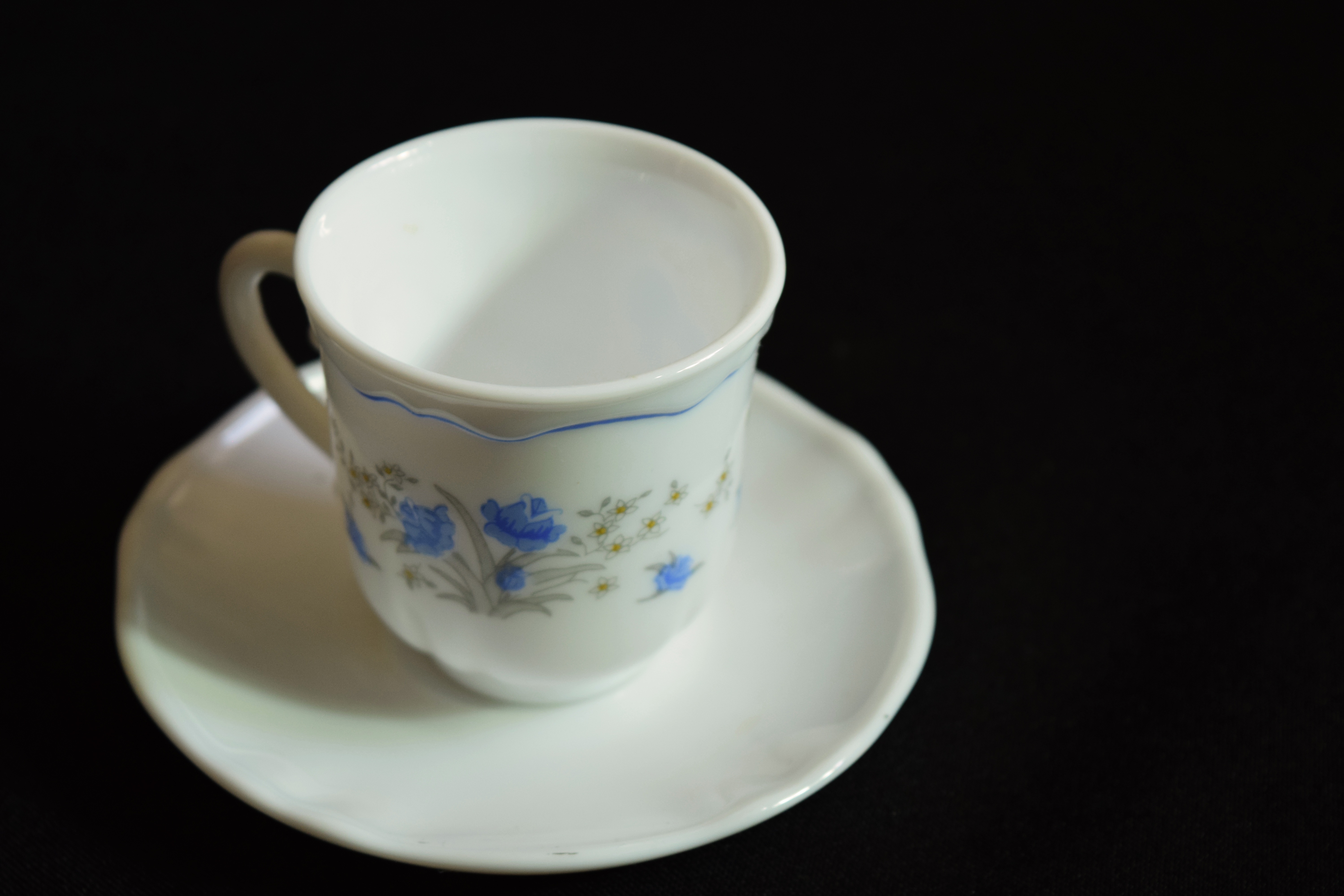 white and blue floral tea cup and saucer