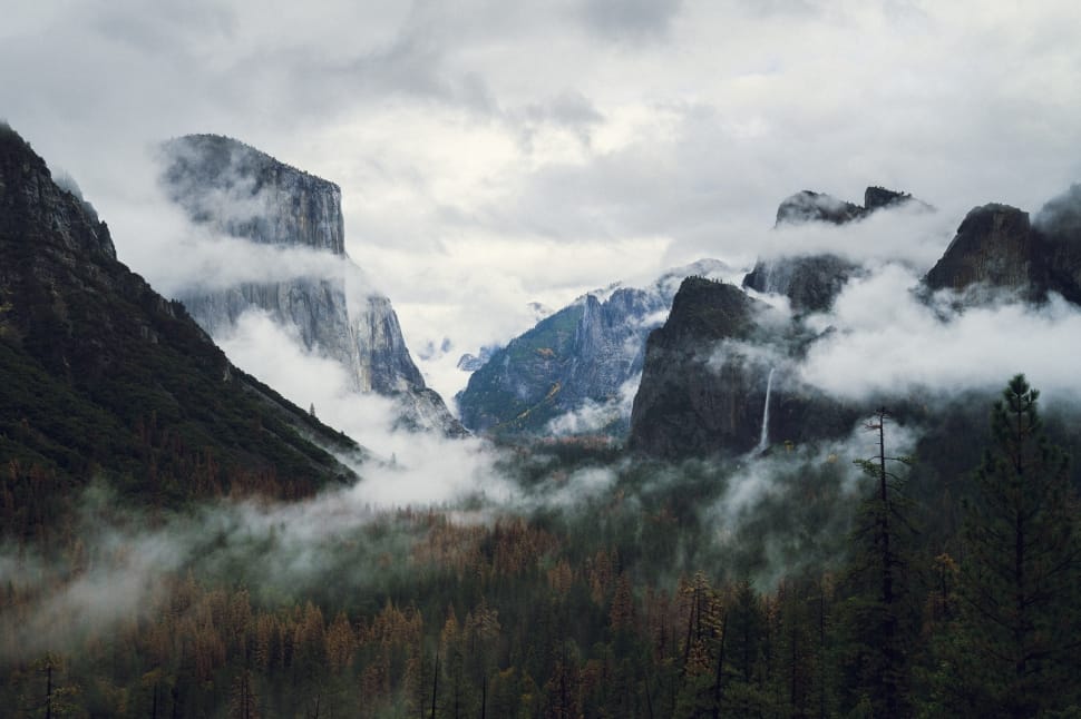 aerial photo of foggy mountains and trees preview