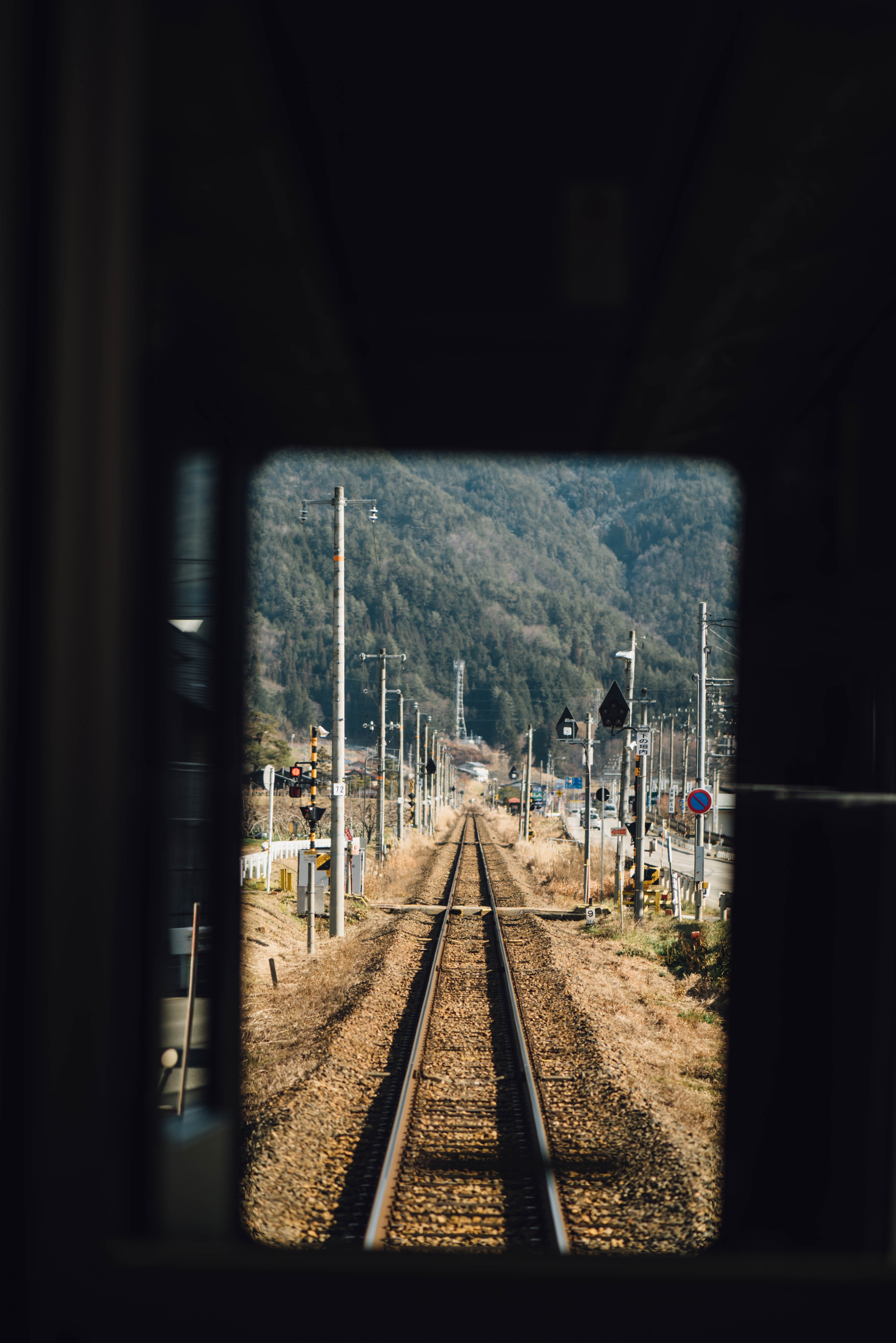 gray steel train railings