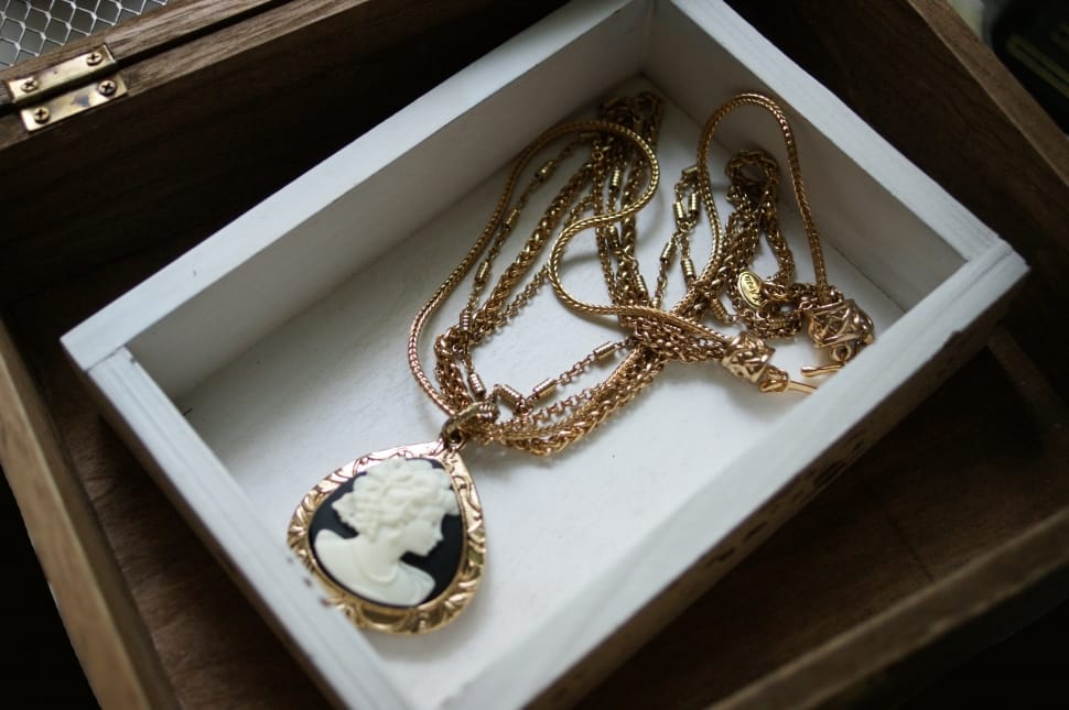black and white cameo pendant gold necklace in box preview