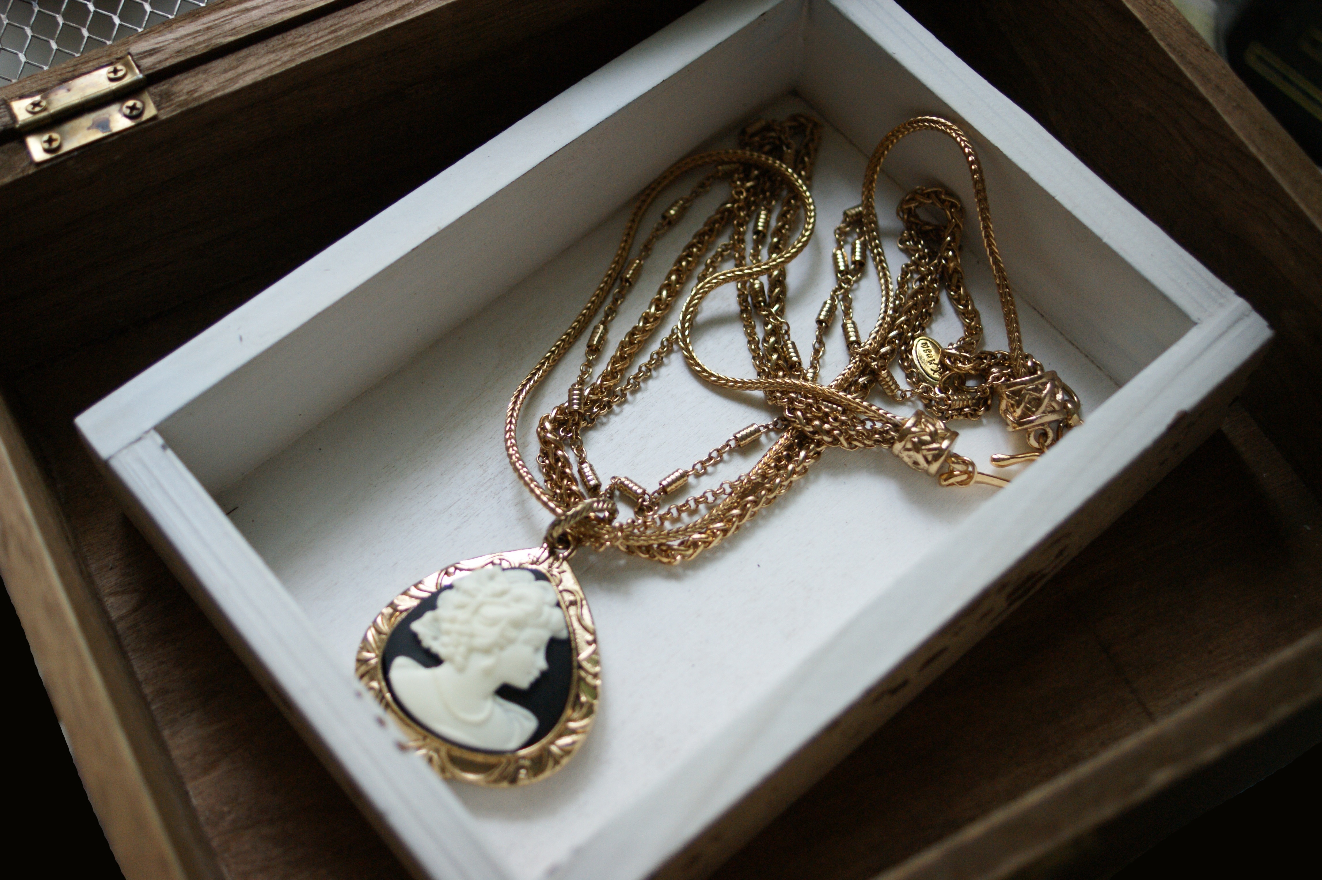 black and white cameo pendant gold necklace in box