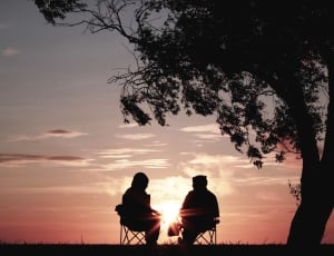 silhouette of man and woman sitting near tree thumbnail
